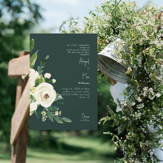 Dark Green Elegant White Floral Wedding Einladung