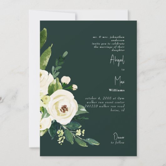 Dark Green Elegant White Floral Wedding Einladung (Vorderseite)