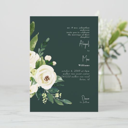 Dark Green Elegant White Floral Wedding Einladung (Stehend Vorderseite)