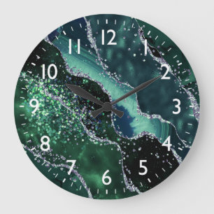 Dark Green & Faux Glitter Agate Monogram Große Wanduhr