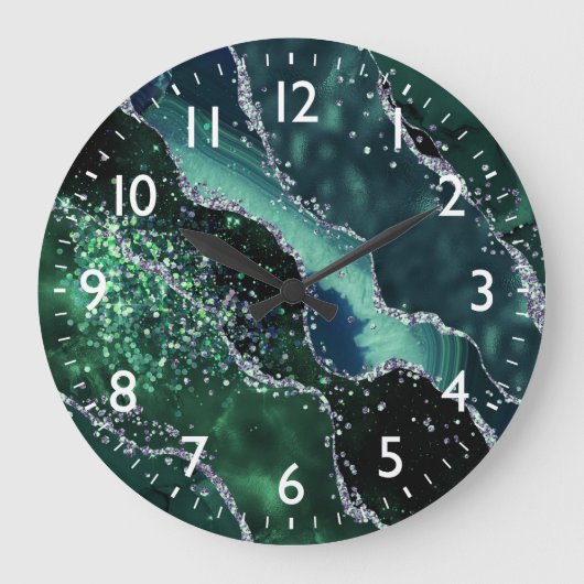 Dark Green & Faux Glitter Agate Monogram Große Wanduhr (Vorderseite)