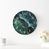 Dark Green & Faux Glitter Agate Monogram Große Wanduhr (Zuhause)