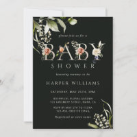Dark Green Floral Botanical Letter Baby Dusche