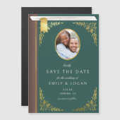 Dark Green Gold Book Wedding Save The Date Card Magneteinladung (Vorne/Hinten)