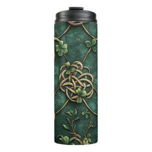 DARK GREEN & GOLD IRISH KNOTEN UND KLEEBLÄTTER THERMOSBECHER