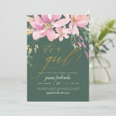 Dark Green & Gold ist eine Girl Floral Baby Dusche Einladung (Stehend Vorderseite)