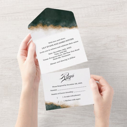 Dark Green & Gold Watercolor Wedding All In One Einladung (Abreißen)