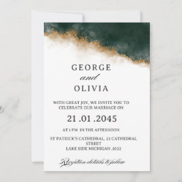 Dark Green & Gold Watercolor Wedding   Einladung