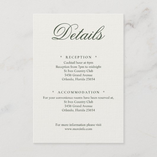 Dark Green Greenery Wedding Calligraphy Details Begleitkarte (Vorderseite)