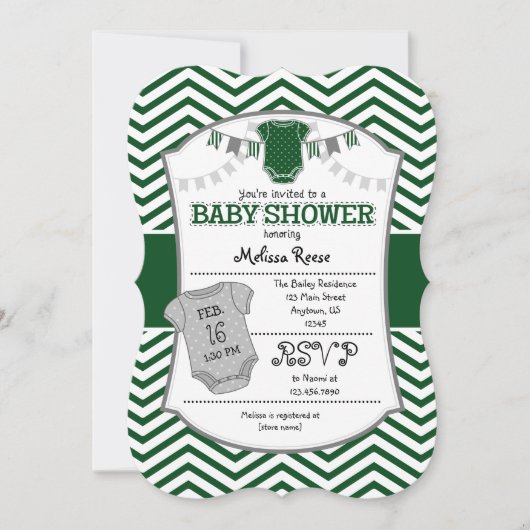Dark Green Grey Zickzack Baby Shower Einladung (Vorderseite)
