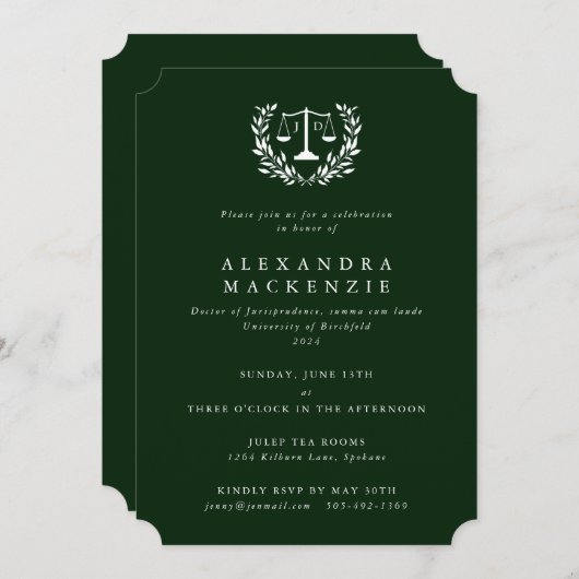 Dark Green JD Law Scales Laurel Wreath Abschluss Einladung (Vorne/Hinten)