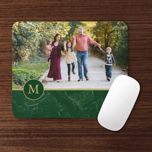 Dark Green Marble Tan Monogram Family Photo Mousepad