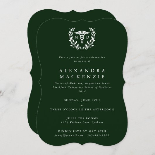 Dark Green MD Caduceus+Laurel Wreath Abschluss Einladung (Vorne/Hinten)