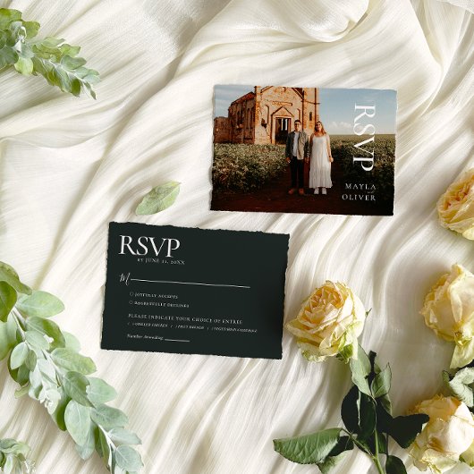 Dark Green Minimalistisch Wedding Foto RSVP Karte