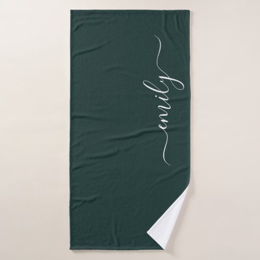 Dark Green Modern Script Monogram Name Badehandtuch (Badehandtuch)