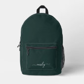Dark Green Modern Script Monogram Name Bedruckter Rucksack (Vorderseite)