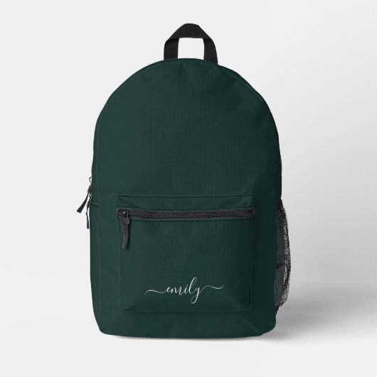 Dark Green Modern Script Monogram Name Bedruckter Rucksack (Vorderseite)