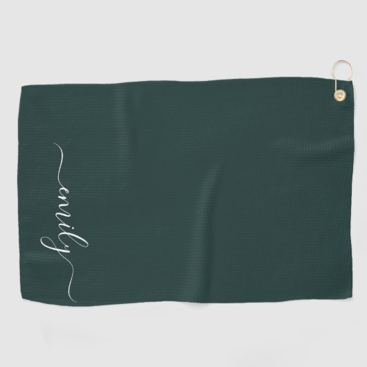 Dark Green Modern Script Monogram Name Golfhandtuch (Horizontal)