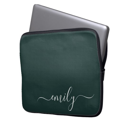 Dark Green Modern Script Monogram Name Laptopschutzhülle (Vorderseite Links)