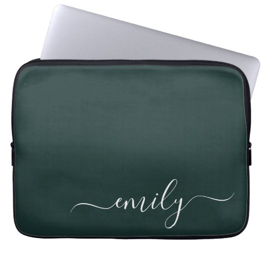 Dark Green Modern Script Monogram Name Laptopschutzhülle (Vorderseite)
