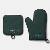 Dark Green Modern Script Monogram Name Ofenhandschuh & Topflappen-Set (Vorderseite)