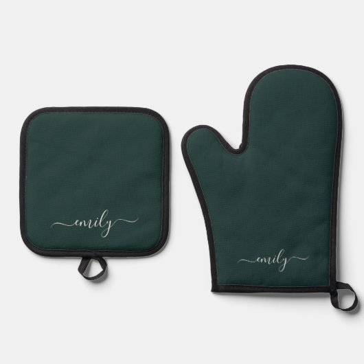Dark Green Modern Script Monogram Name Ofenhandschuh & Topflappen-Set (Vorderseite)