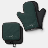 Dark Green Modern Script Monogram Name Ofenhandschuh & Topflappen-Set (Vorderseite/Rückseite)