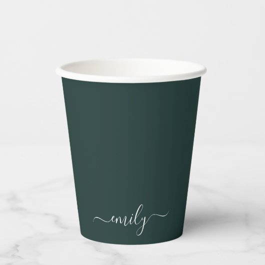 Dark Green Modern Script Monogram Name Pappbecher (Vorderseite)