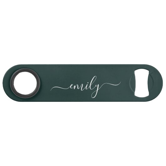 Dark Green Modern Script Monogram Name Speed Flaschenöffner (Vorderseite (Horizontal))