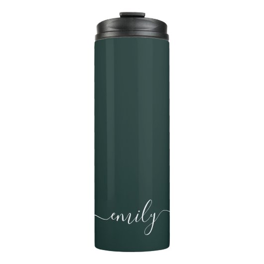 Dark Green Modern Script Monogram Name Thermosbecher (Vorderseite)