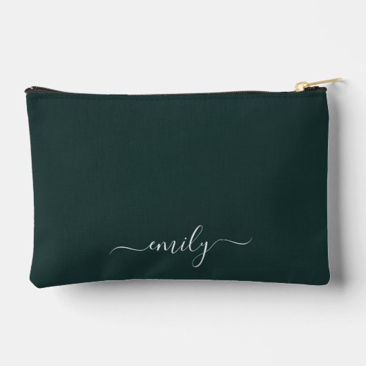 Dark Green Modern Script Monogram Name Zubehörtasche (Rückseite)