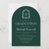 Dark Green Monogram Wappen Arch Graduation Party Einladung (Vorderseite)