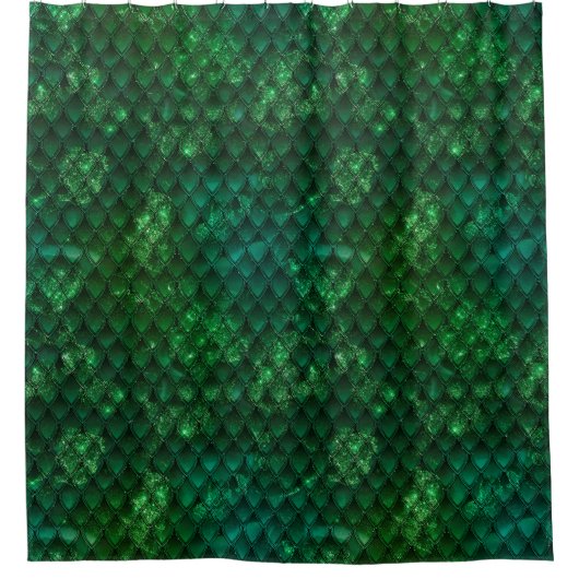 Dark Green Ombre & Glitzern Dragon Scales Duschvorhang (Vorderseite)