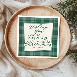 Dark Green Plaid Wishing You A Merry Christmas Serviette