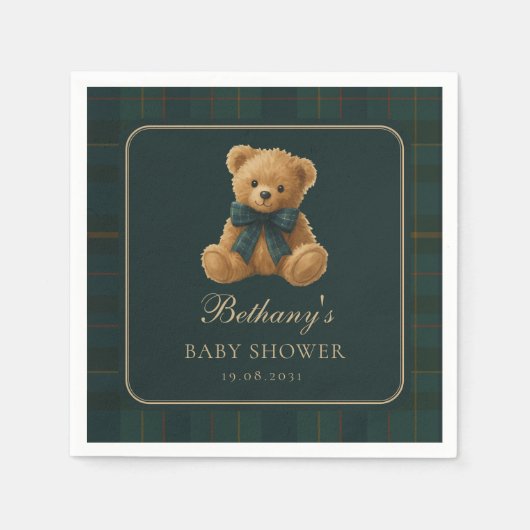 Dark Green Polo Tartan Teddy Bear Baby Shower Serviette (Vorderseite)