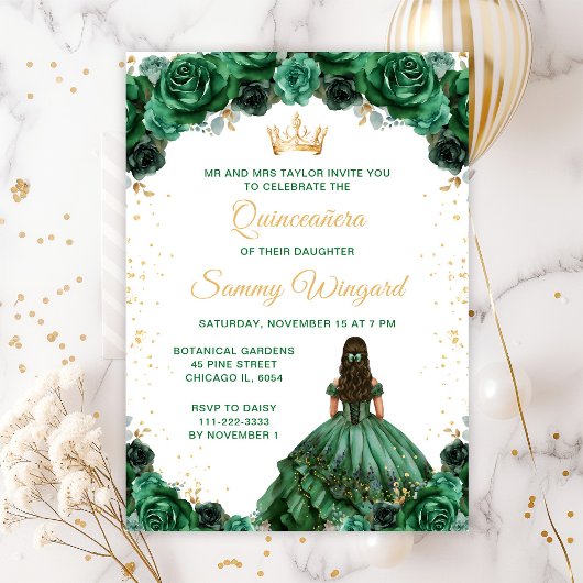 Dark Green Princess Floral Quinceañera Einladung