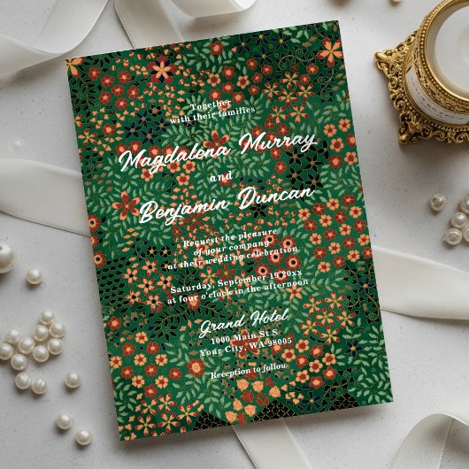 Dark Green Red Art Tapestry Textile Floral Wedding Folieneinladung
