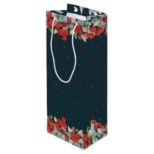 Dark Green Red Berry+Eukalyptus Christmas/Holiday Geschenktüte Für Weinflaschen (Rückseite Schrägansicht)