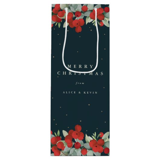Dark Green Red Berry+Eukalyptus Christmas/Holiday Geschenktüte Für Weinflaschen (Vorderseite)