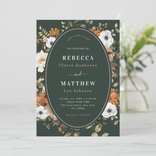 Dark Green Romantic Boho Floral Botanische Hochzei Einladung (Stehend Vorderseite)