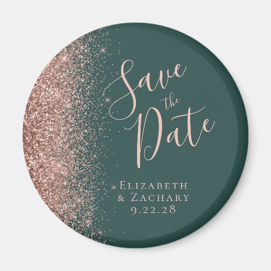 Dark Green Rose Gold Glitzer Script Save the Date Magnet (Vorne)