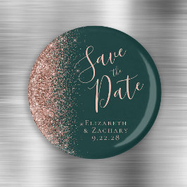 Dark Green Rose Gold Glitzer Script Save the Date Magnet
