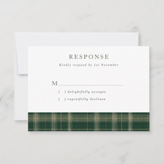 Dark Green Scottish Tartan Wedding RSVP Karte (Vorderseite)