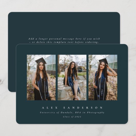 Dark Green Simple Modern Triple Foto Abschluss Ankündigung (Vorne/Hinten)