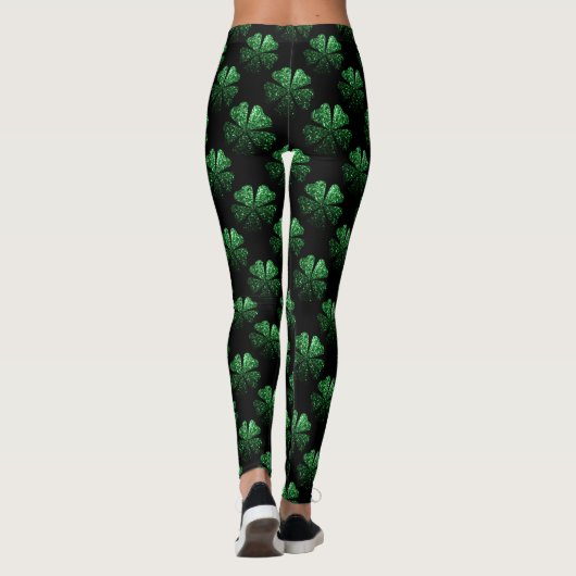 Dark Green sparkle Shamrock Clover pattern black Leggings (Rückseite)