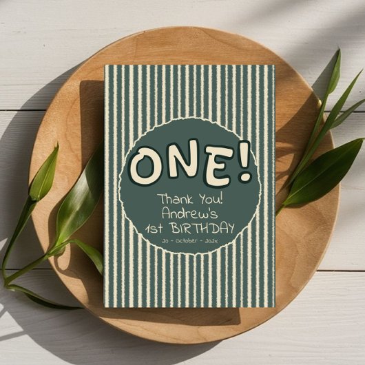 Dark Green Stripes 1st Birthday Dankeskarte