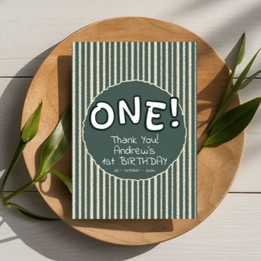 Dark Green Stripes 1st Birthday Dankeskarte