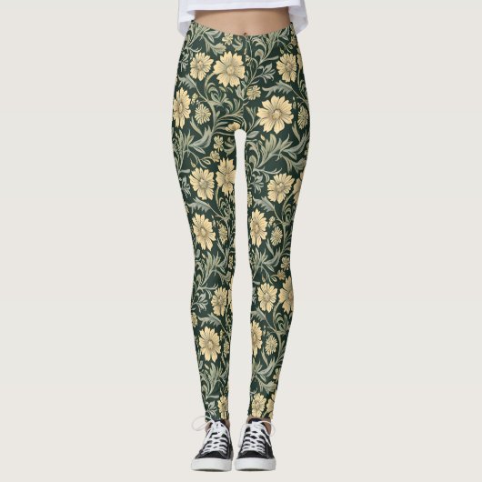 Dark green stylized yellow flowers  pattern  leggings (Vorderseite)