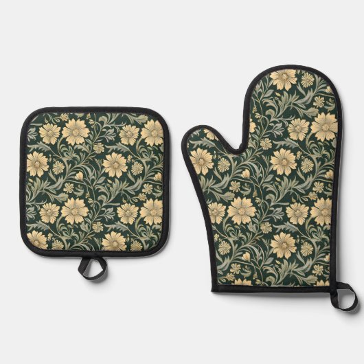 Dark green stylized yellow flowers  pattern  ofenhandschuh & Topflappen-Set (Vorderseite)