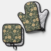 Dark green stylized yellow flowers  pattern  ofenhandschuh & Topflappen-Set (Vorderseite/Rückseite)